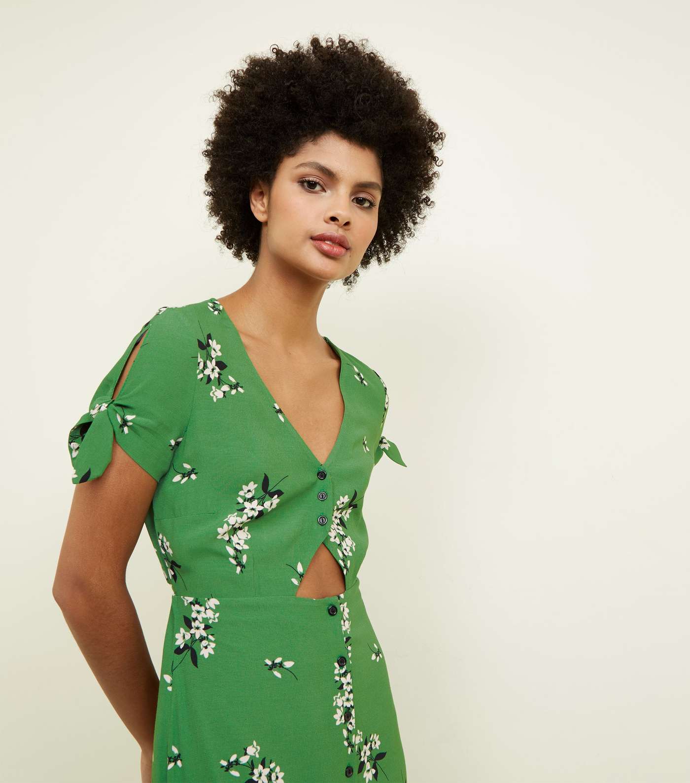 Green Floral Button Up Cut Out Midi Dress