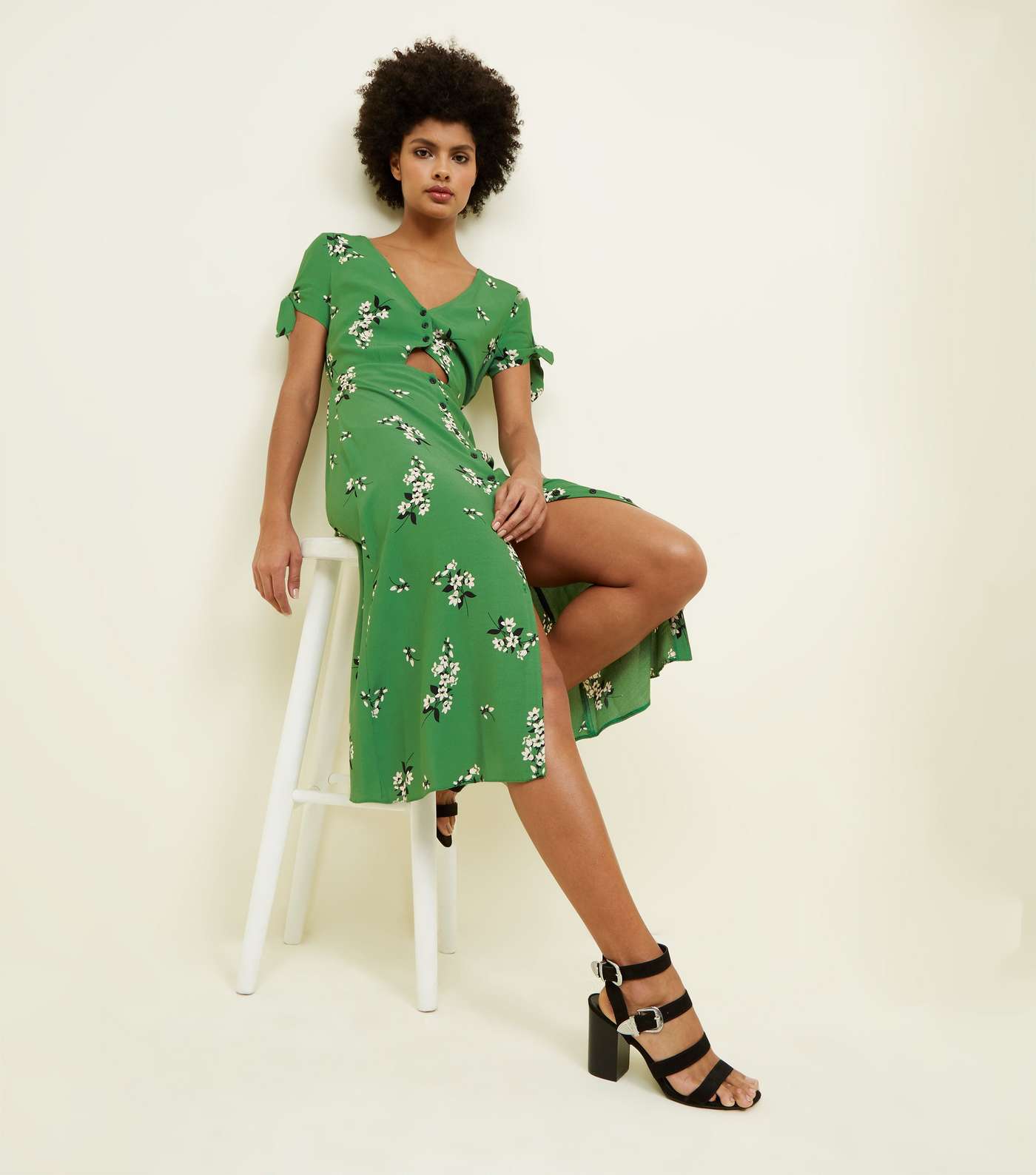 Green Floral Button Up Cut Out Midi Dress Image 5