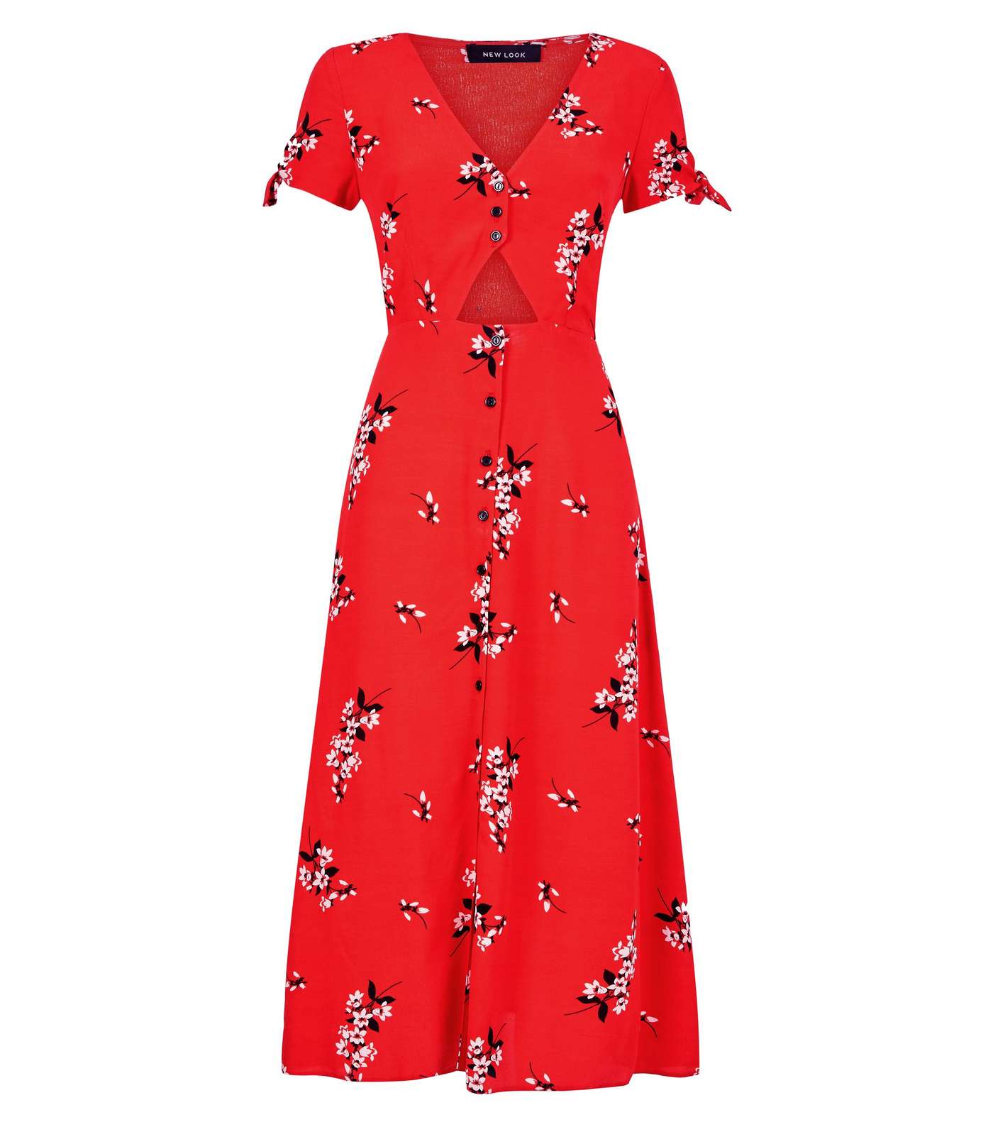 Red Floral Button Up Cut Out Midi Dress Image 4