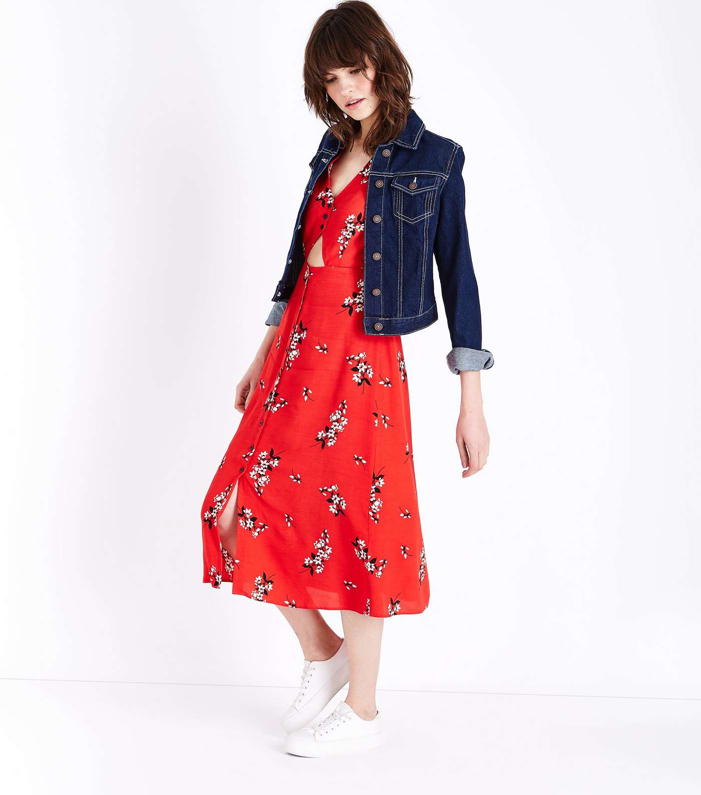 Red Floral Button Up Cut Out Midi Dress Image 2