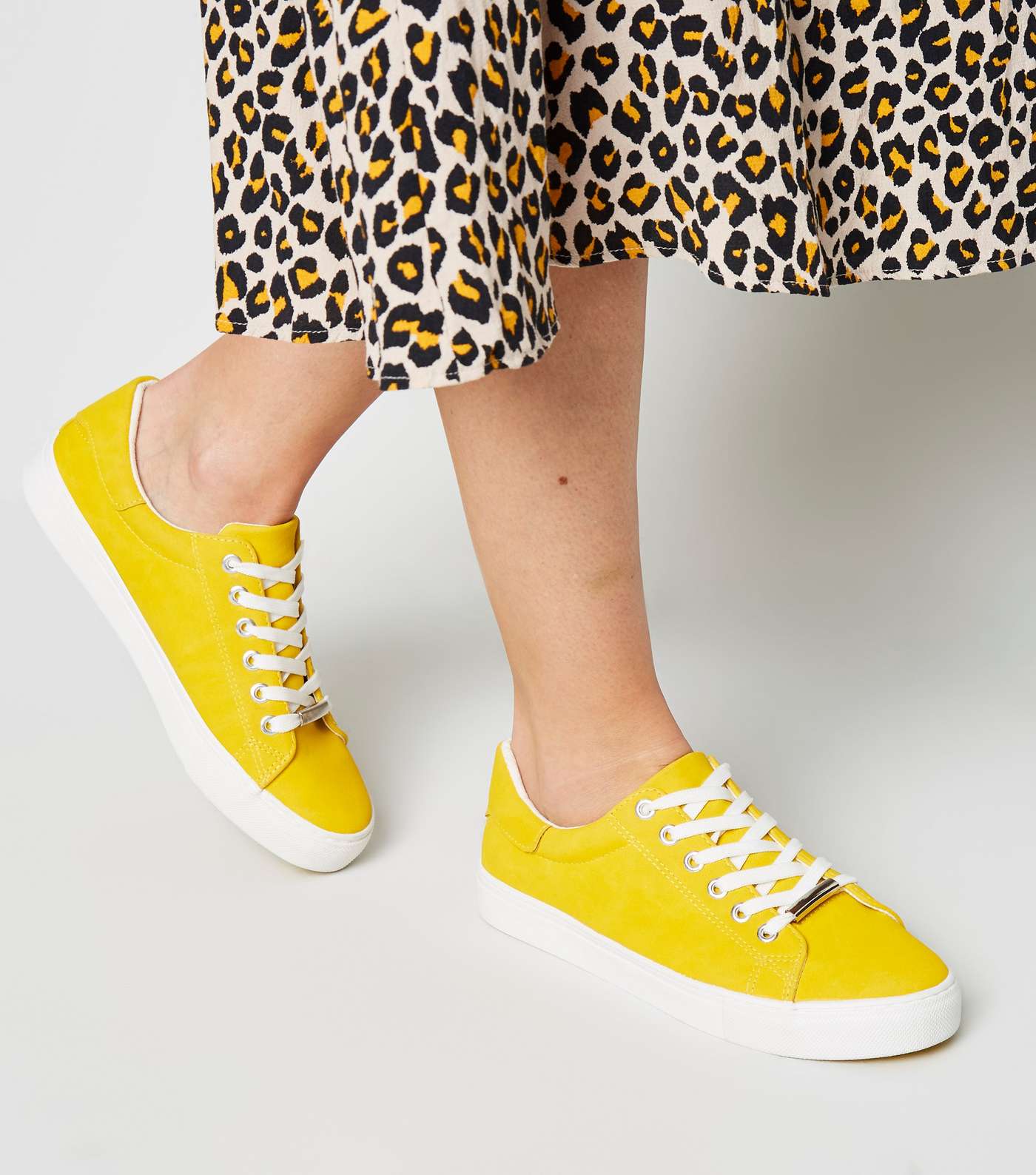 Yellow Faux Nubuck Lace Up Trainers Image 2