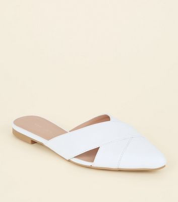 White Cut Out Cross Strap Pointed Mules 