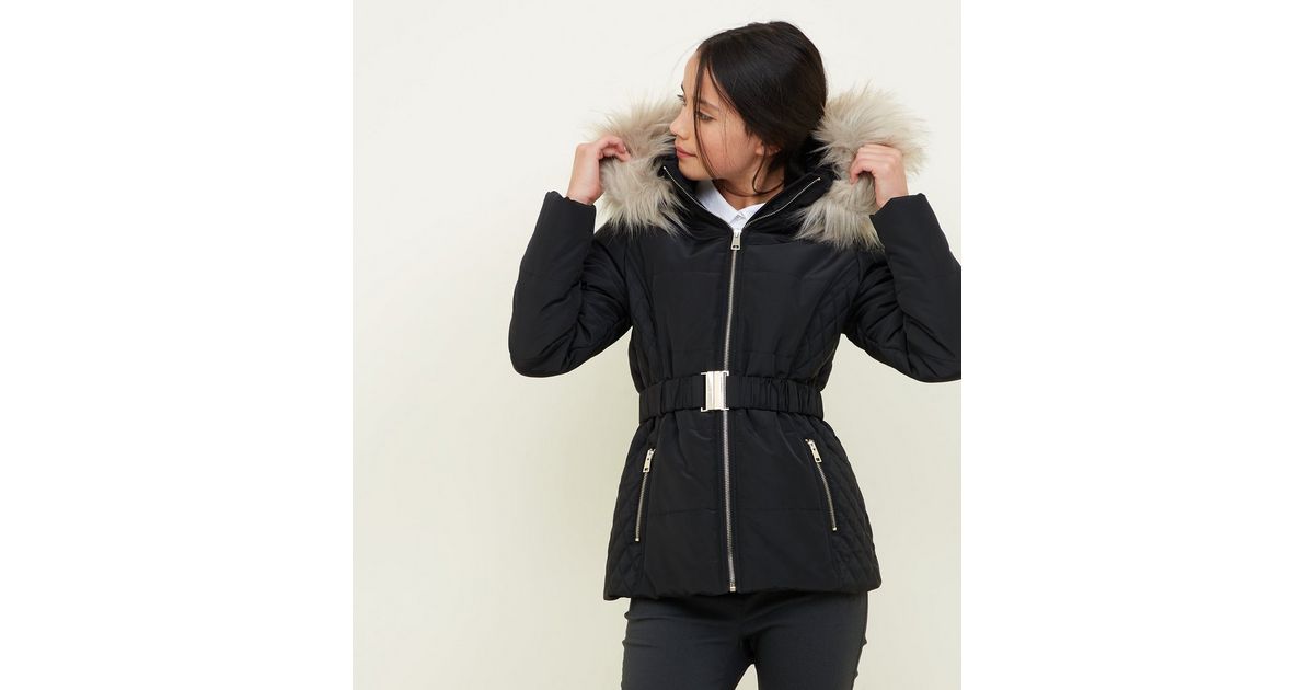 Girls Black Faux Fur Trim Hood Belted Puffer Jacket