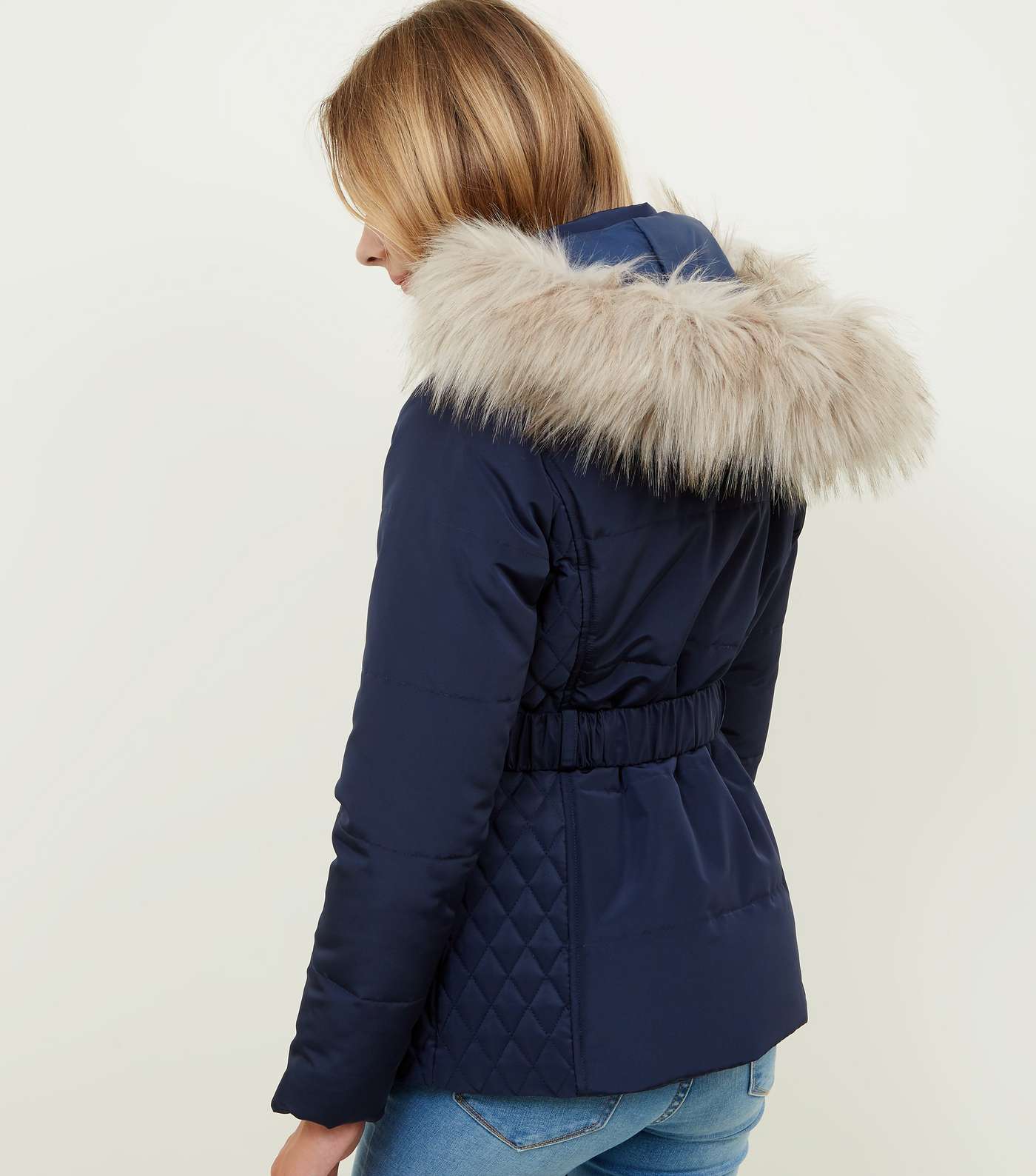 Girls Navy Faux Fur Trim Hood Belted Puffer Jacket  Image 3