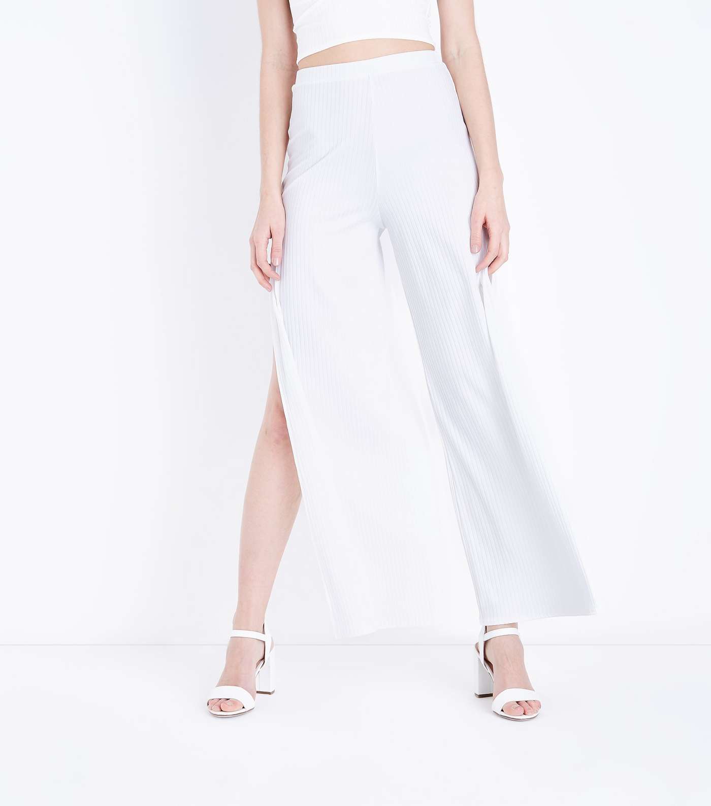 Cream Ribbed Flared Split Side Trousers Image 2