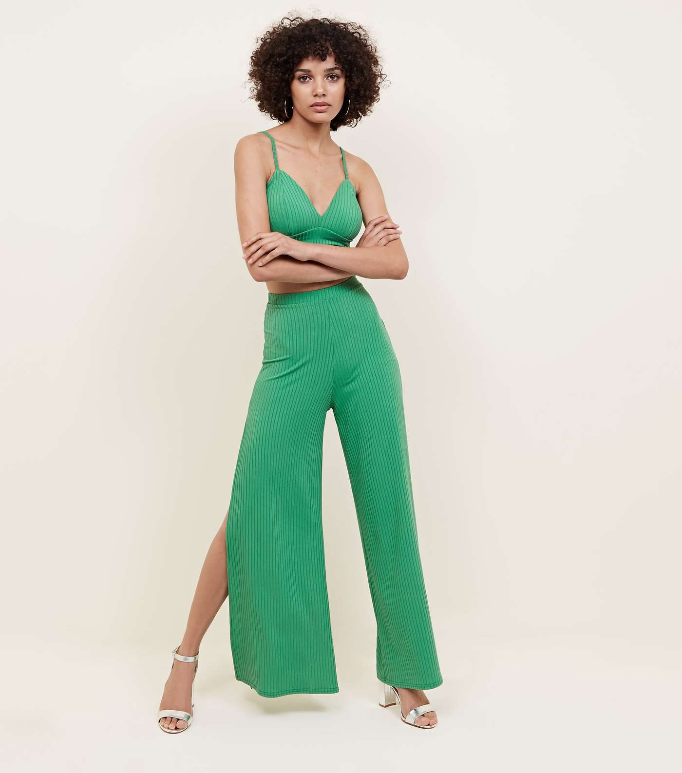 Green Ribbed Flared Split Side Trousers