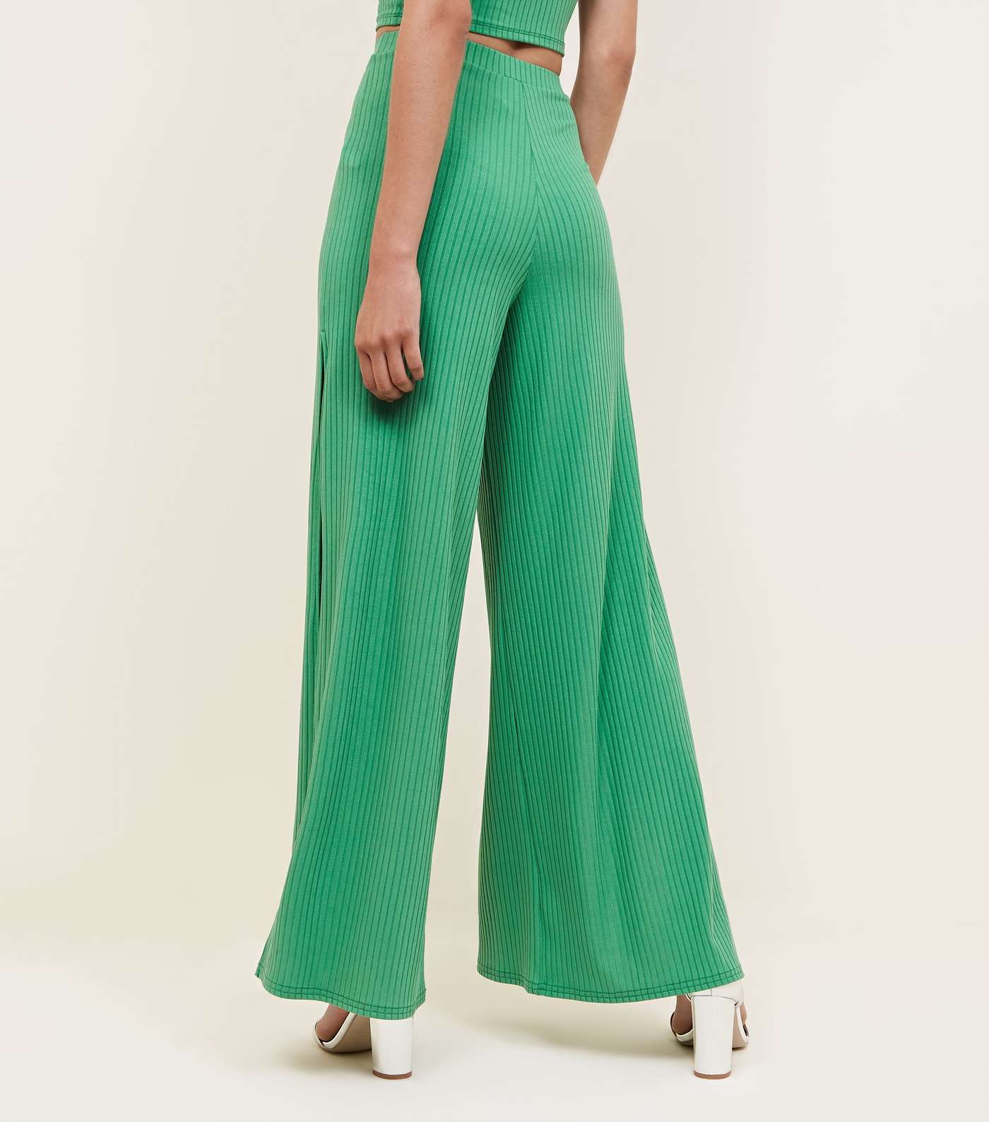Green Ribbed Flared Split Side Trousers Image 3