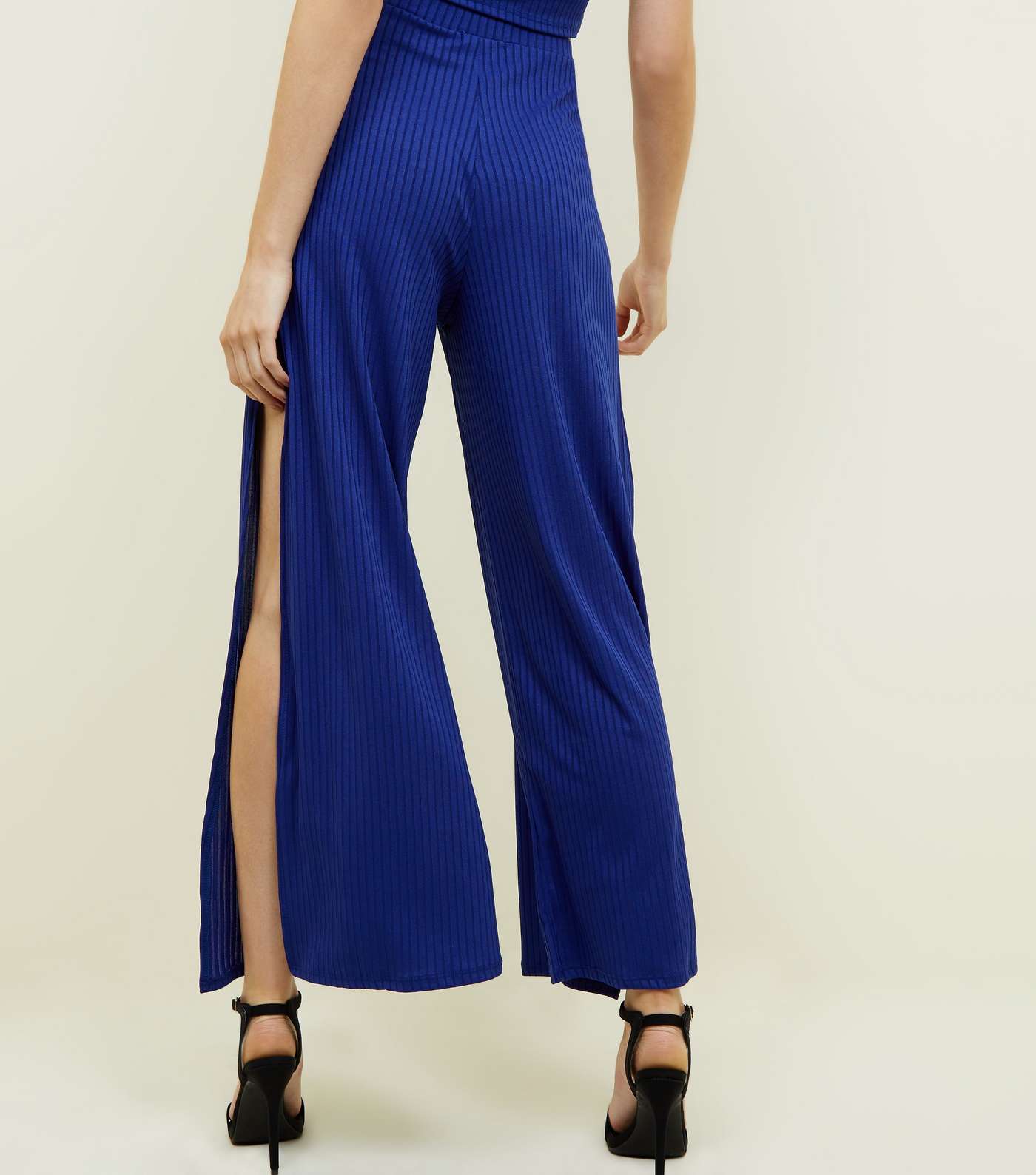Blue Ribbed Flared Split Side Trousers Image 3