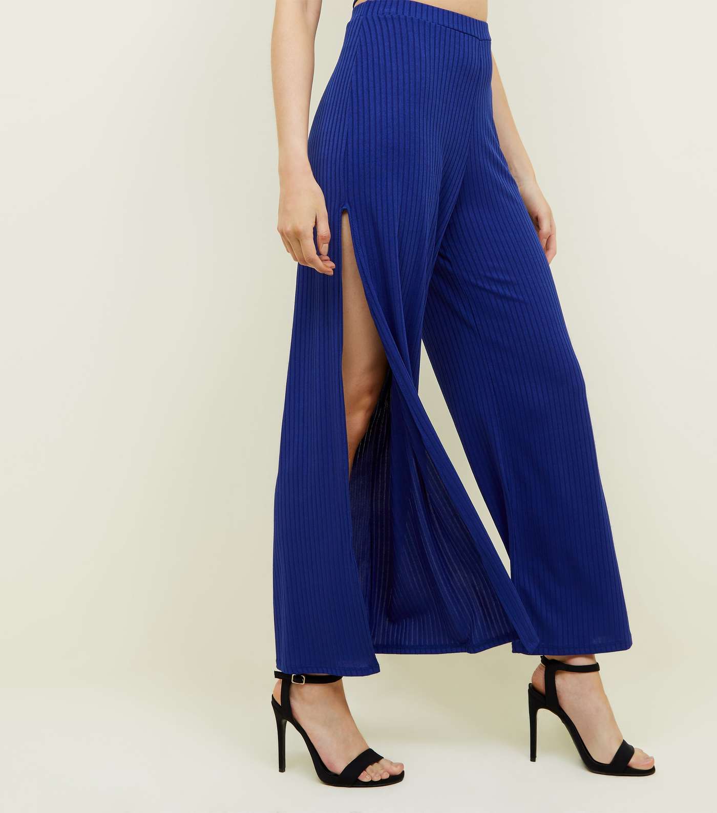 Blue Ribbed Flared Split Side Trousers Image 5