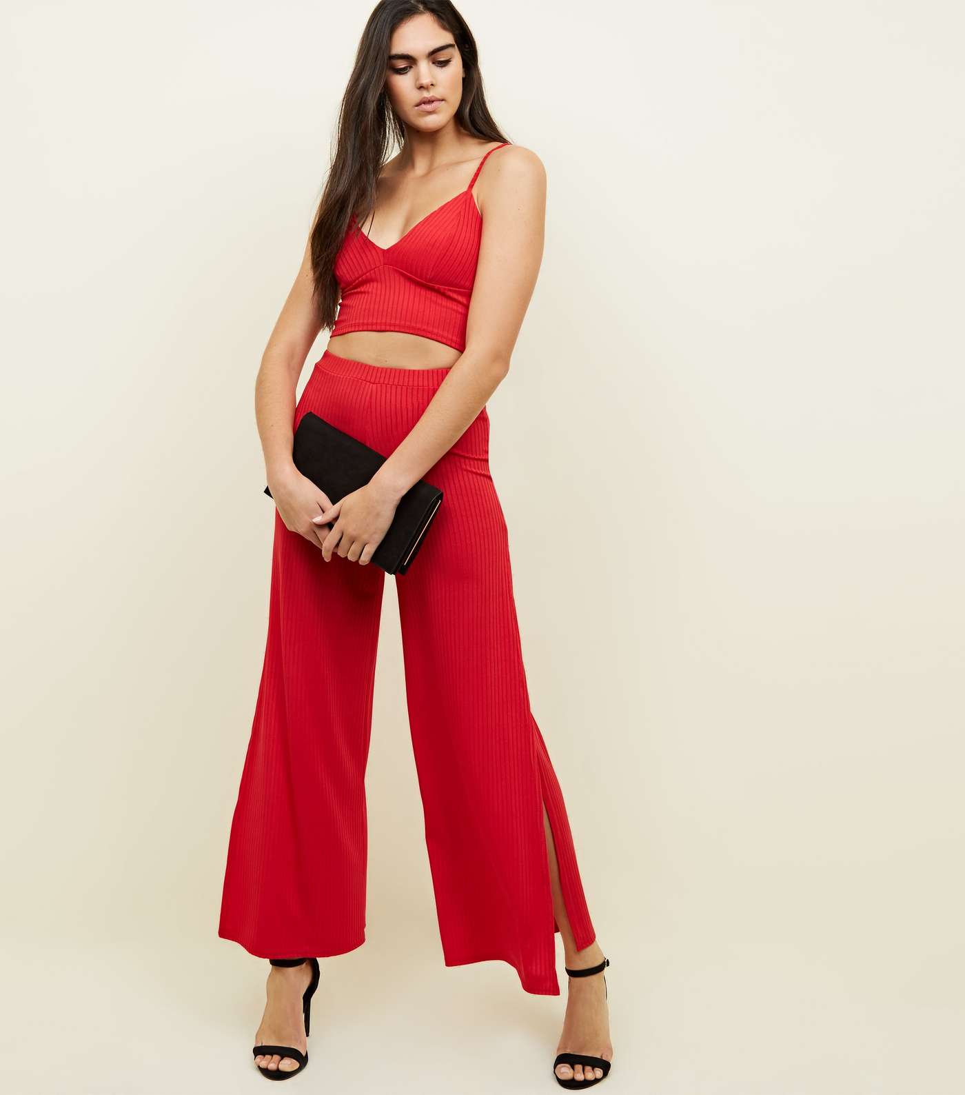 Red Ribbed Flared Side Split Trousers