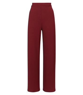 Burgundy Ribbed Side Split Flared Trousers | New Look