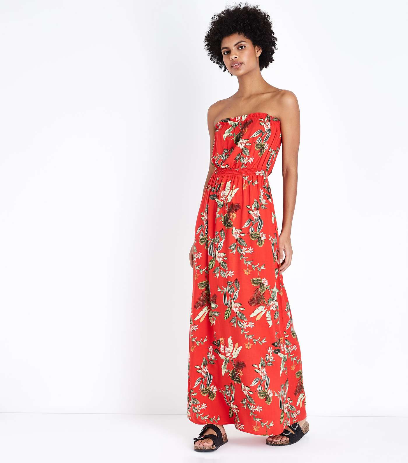 Red Tropical Floral Bandeau Maxi Dress