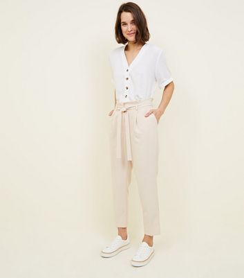 Stone Paperbag Tapered Trousers | New Look