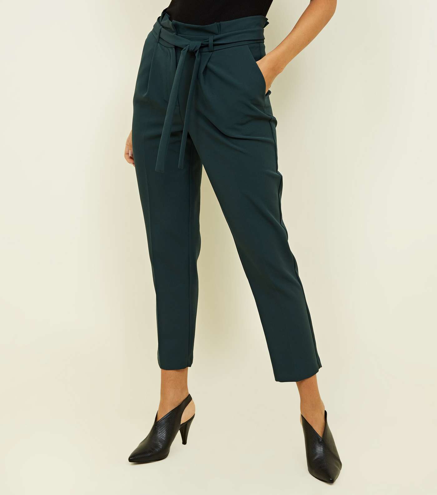 Dark Green Paperbag Waist Tapered Trousers Image 2