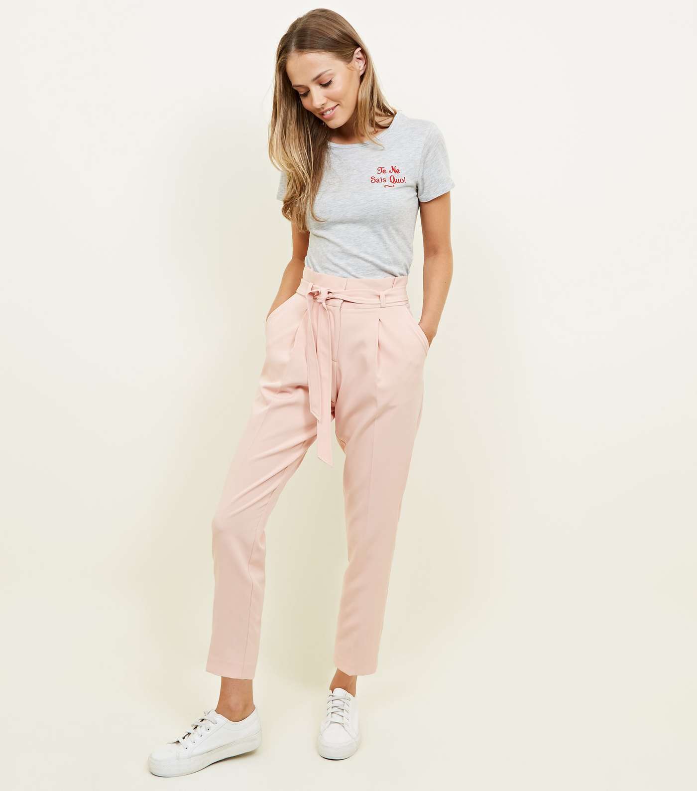 Pale Pink Paperbag Waist Tapered Trousers