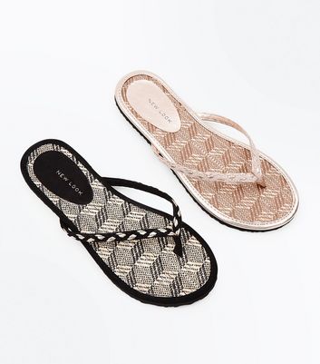Black and Tan Woven Straw Flip Flops 