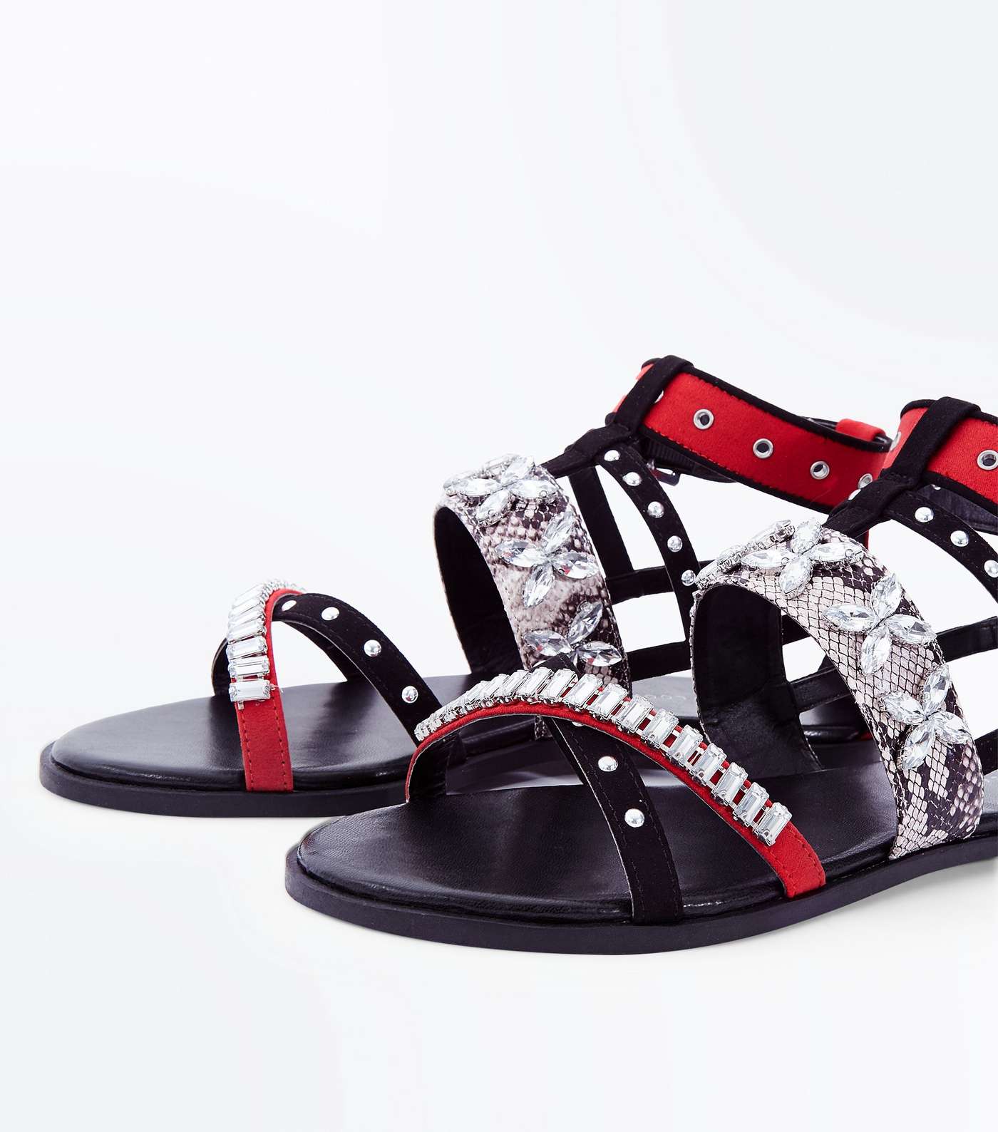Red Contrast Gem Strap Gladiator Sandals  Image 4