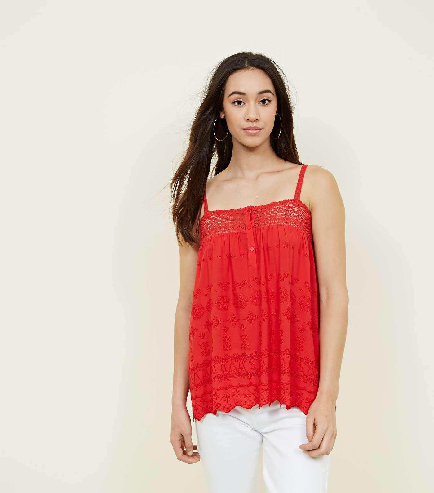 Red Broderie Lace Trim Cami