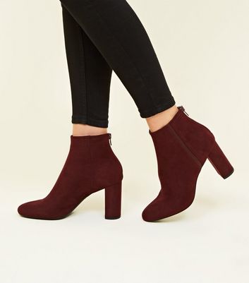 Burgundy Suedette Block Heel Ankle Boots