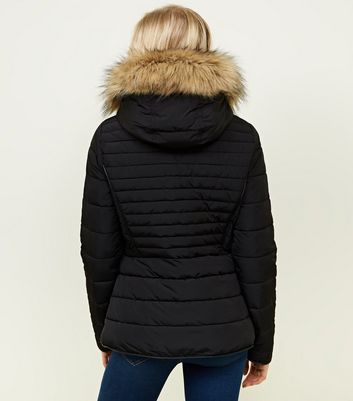 tall black faux fur hooded trim puffer jacket