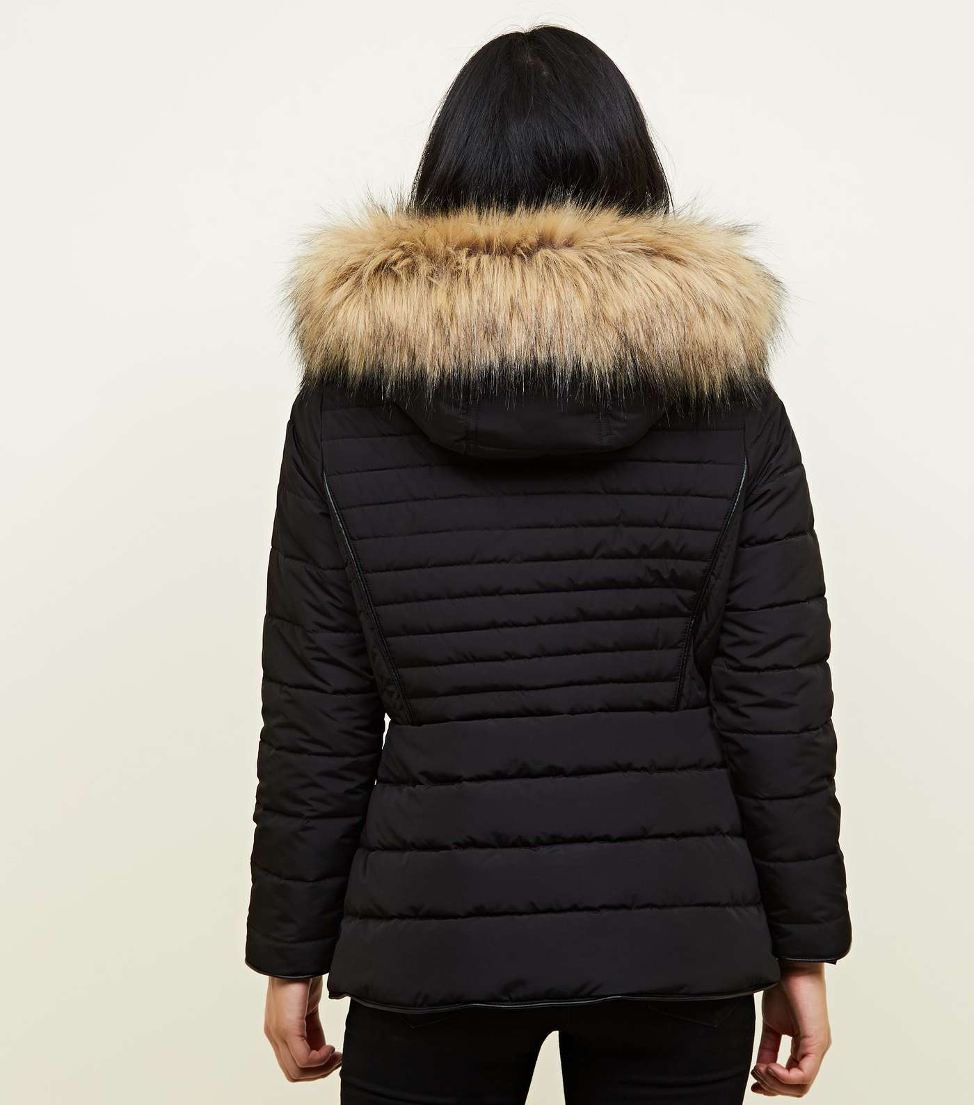 Petite Black Faux Fur Hood Fitted Puffer Jacket Image 3