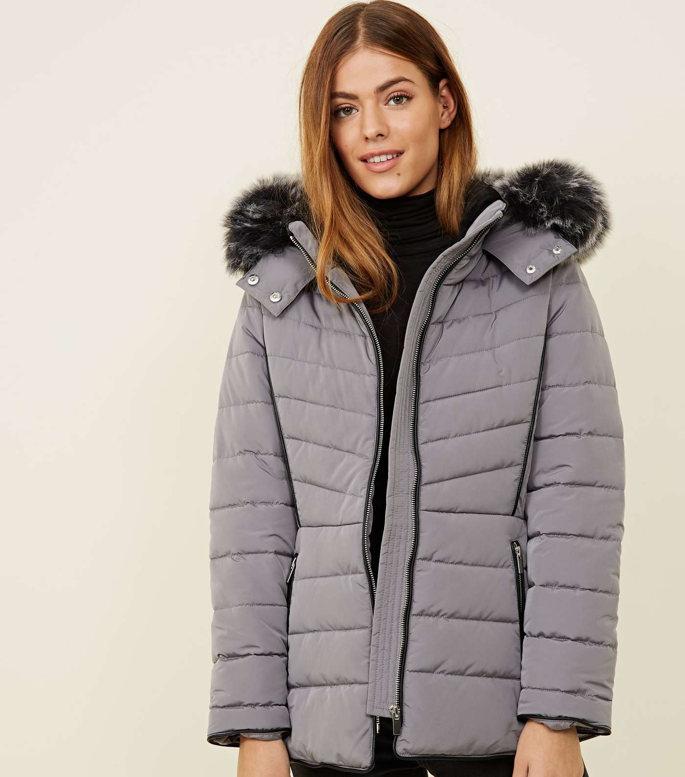Petite Pale Grey Faux Fur Hood Fitted Puffer Jacket