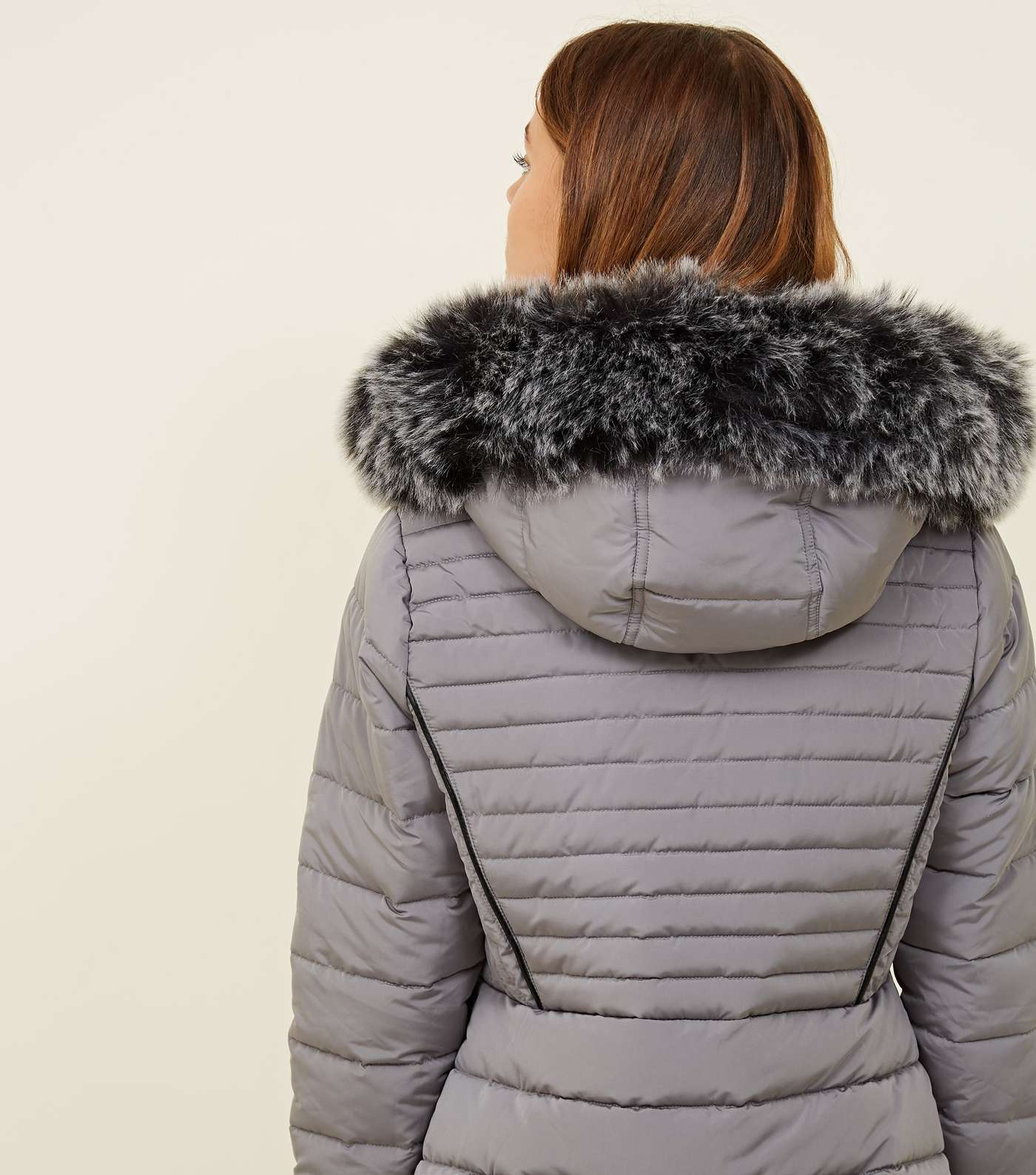 Petite Pale Grey Faux Fur Hood Fitted Puffer Jacket Image 3