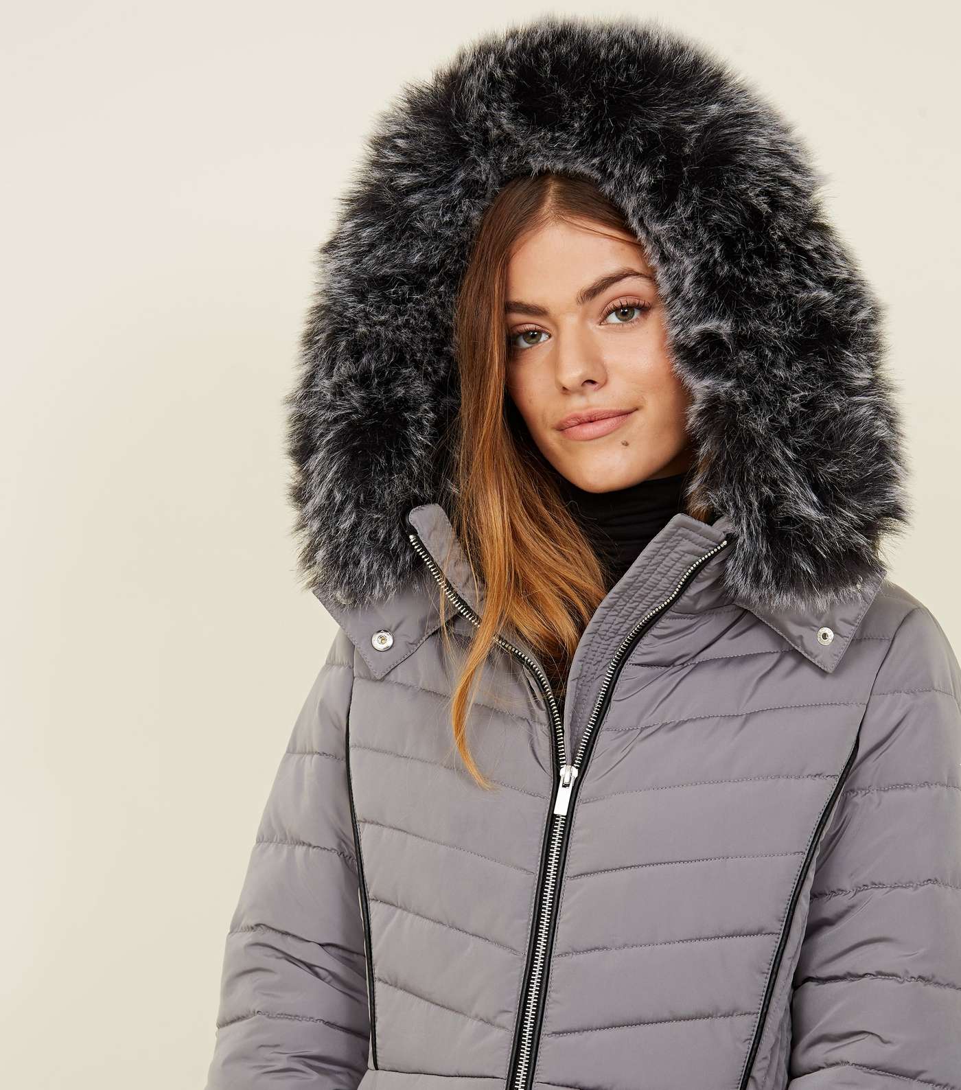 Petite Pale Grey Faux Fur Hood Fitted Puffer Jacket Image 5