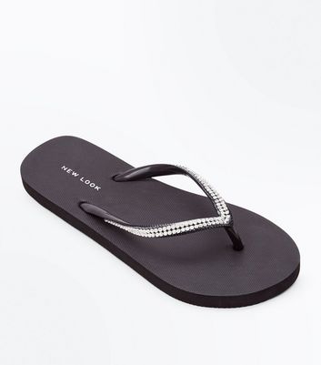 Black Diamante Strap Flip Flops New Look