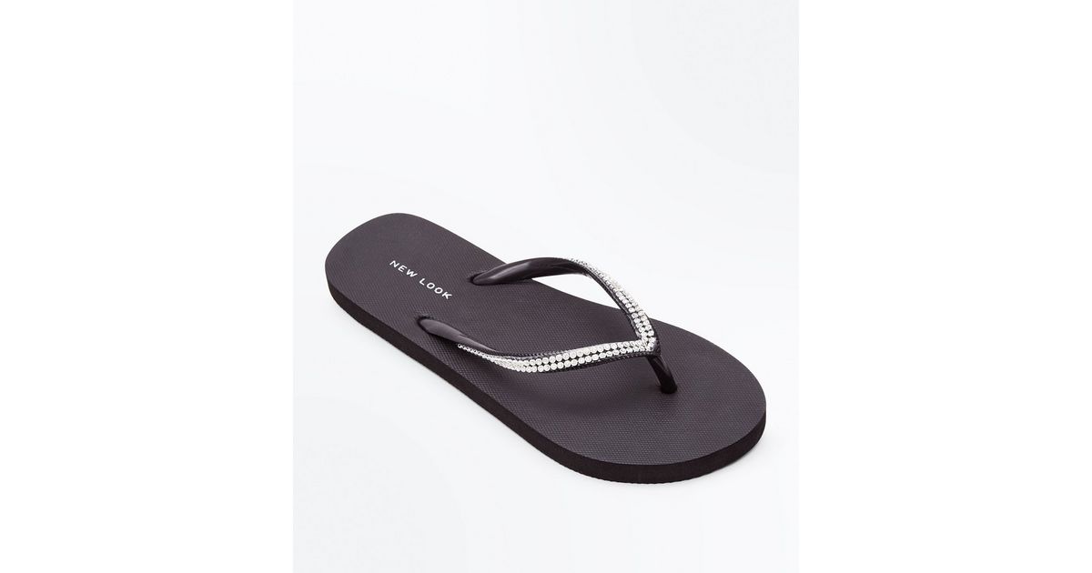 Black Diamanté Strap Flip Flops New Look