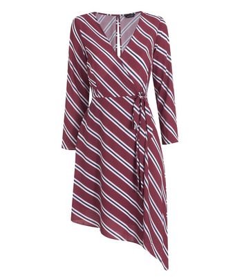 Image of Brown Stripe Wrap Asymmetric Midi Dress New Look