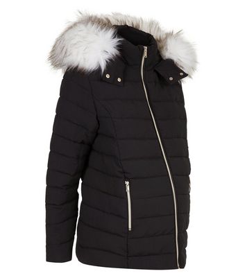 black puffer coat with white fur hood