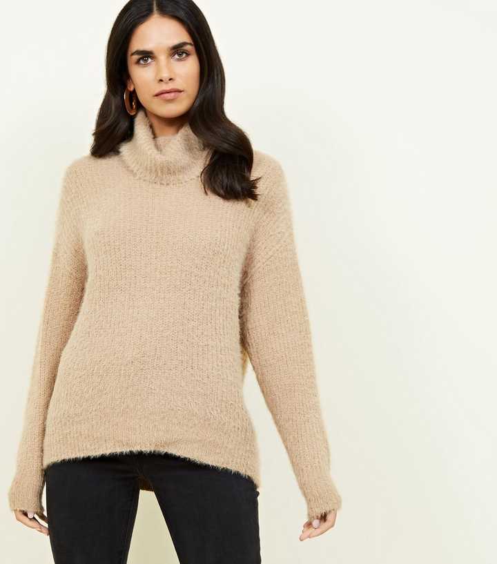 Camel Fluffy High Neck Jumper 