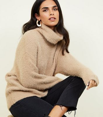 Camel Fluffy High Neck Jumper | New Look