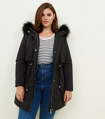 black faux fur trim hooded parka