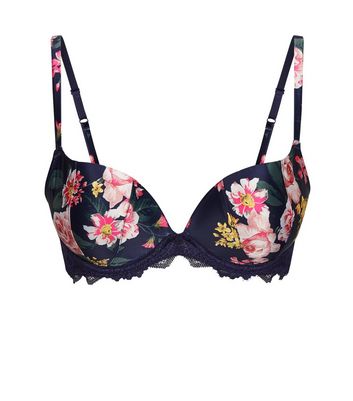 Navy Satin Floral Lace Trim Push-Up Bra | New Look