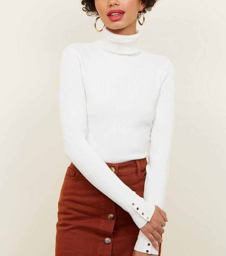 Off White Roll Neck Popper Cuff Jumper
