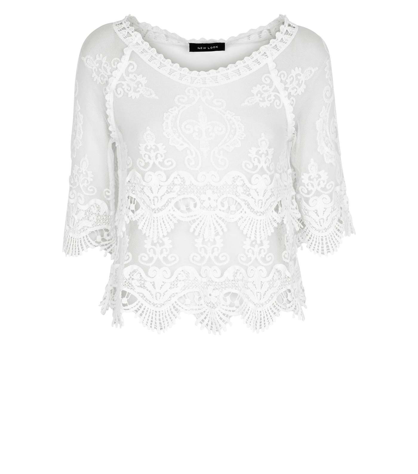 White Crochet Embroidered Mesh Top Image 4