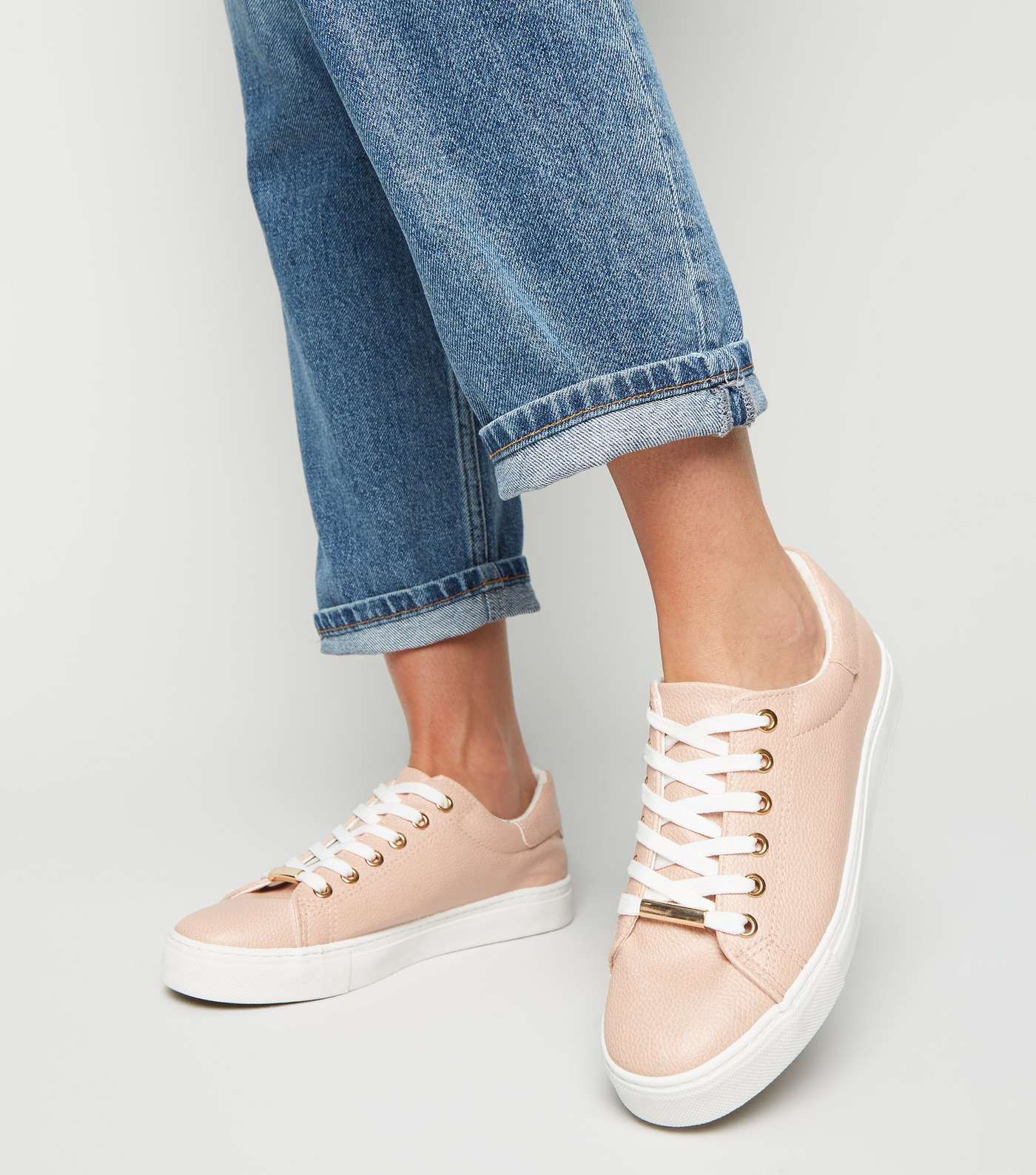 Pale Pink Leather-Look Metal Trim Trainers Image 2