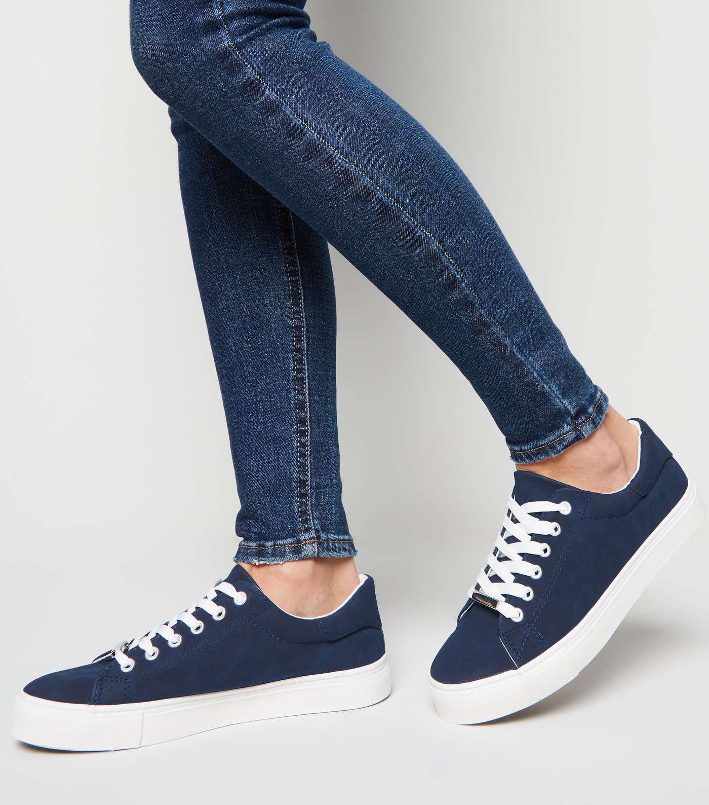 Navy Leather-Look Metal Trim Trainers Image 2