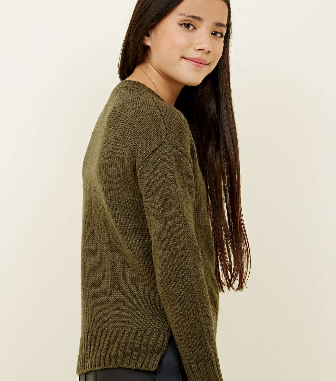 Girls Khaki Green Knitted Jumper Image 3