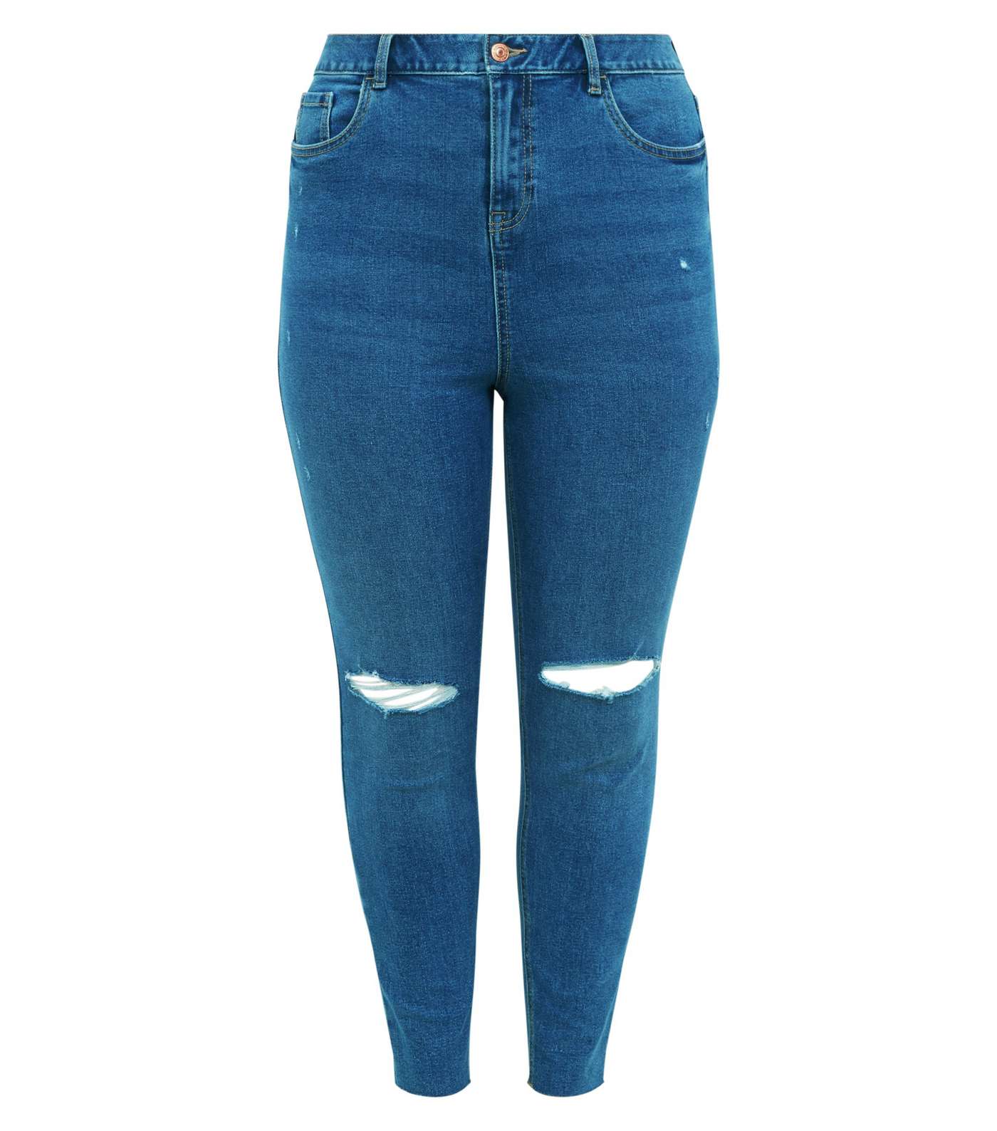 Curves Blue Ripped Knee Skinny Jeans Image 4
