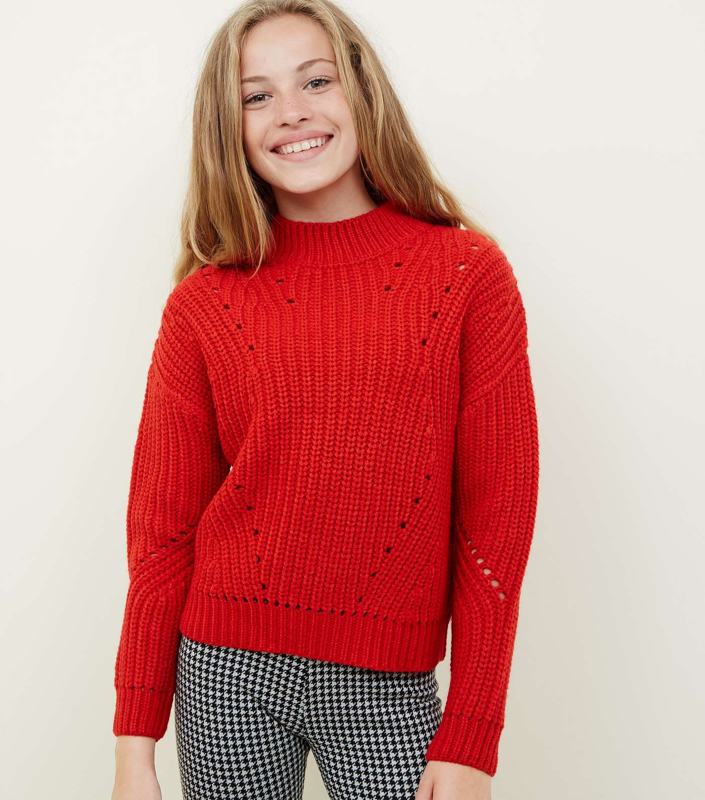 Girls Red Chunky Knit Pointelle Jumper 