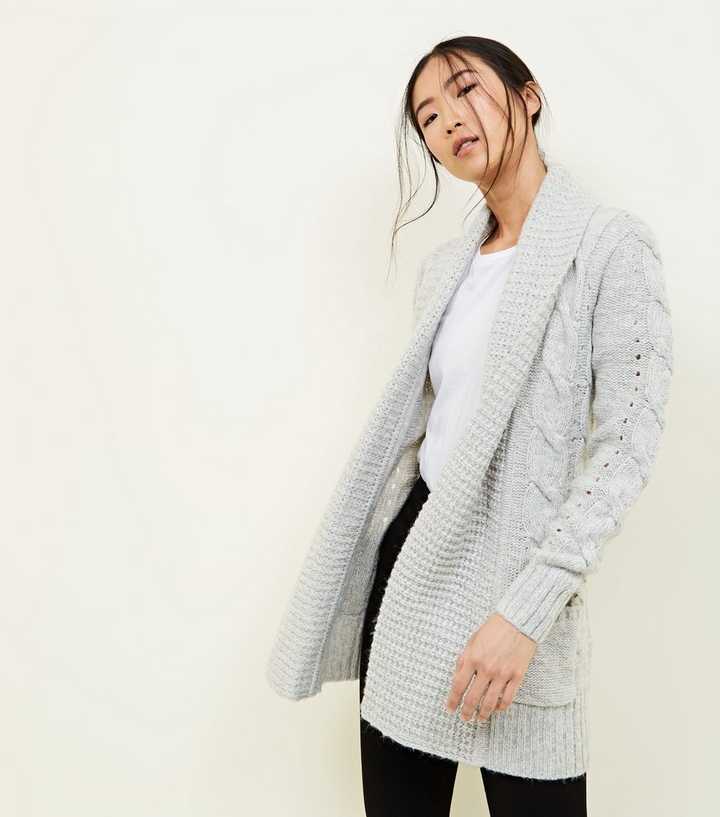 Grey Shawl Collar Cable Knit Cardigan 
