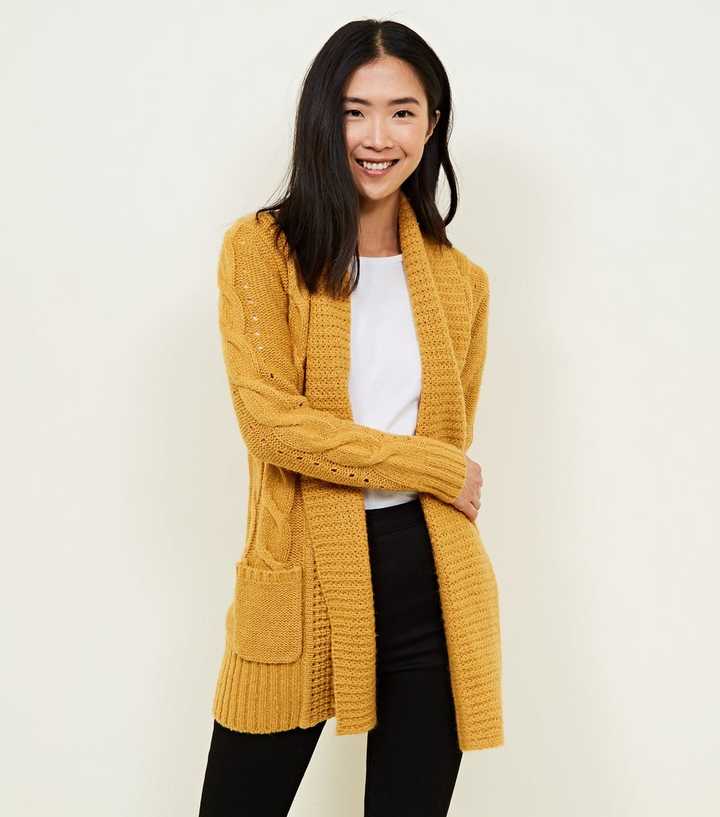 Mustard Shawl Collar Cable Knit Cardigan