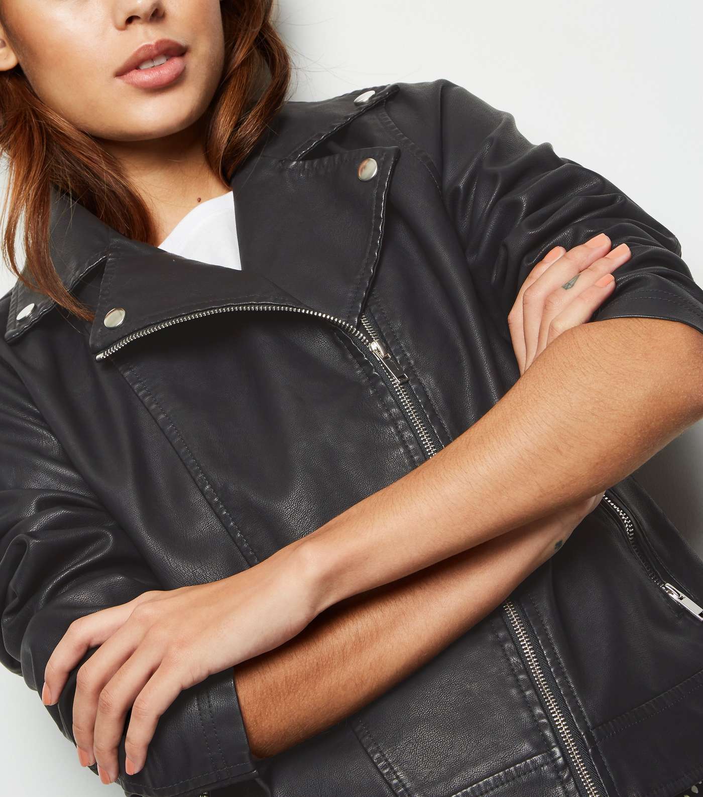 Black Coated Leather-Look Biker Jacket Image 3