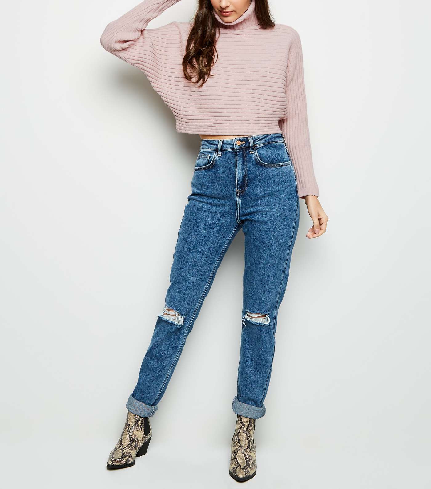 Pale Pink Roll Neck Boxy Cropped Jumper Image 2