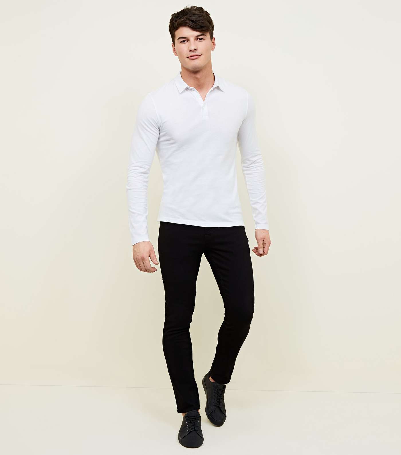 White Muscle Fit Long Sleeve Polo Shirt Image 2