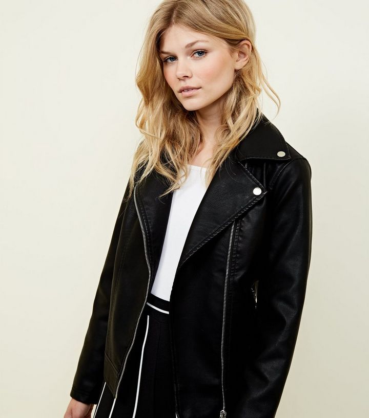 Petite Black Leather Look Biker Jacket New The Look