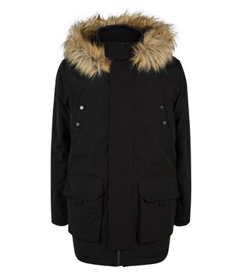 Black Faux Fur Trim Hooded Parka | New Look